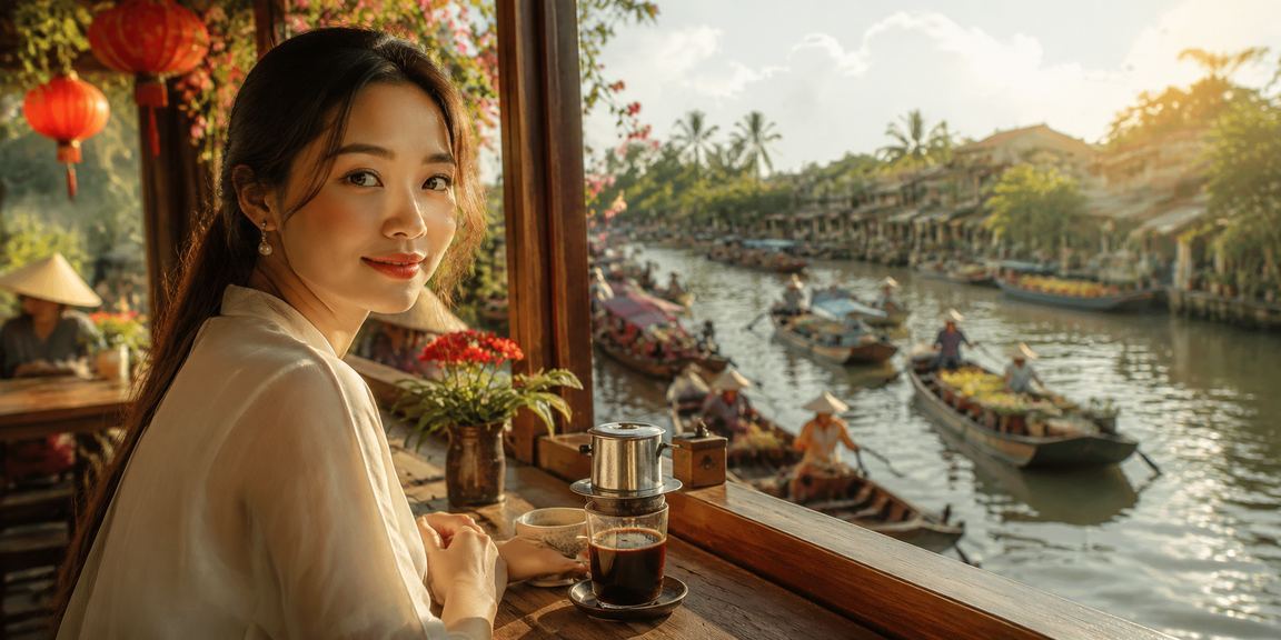 Người dùng tại vùng sông Mekong nhâm nhi cà phê và kiểm tra tài khoản cược an toàn
