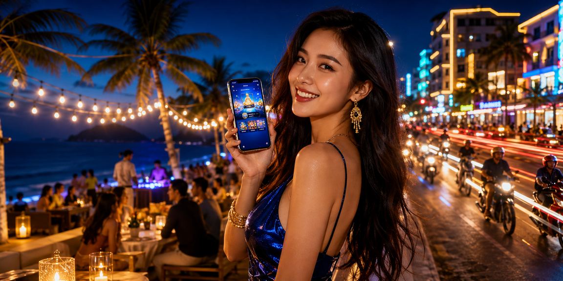 Người dùng tại Phú Quốc nạp tiền cược qua ứng dụng di động trên bãi biển
